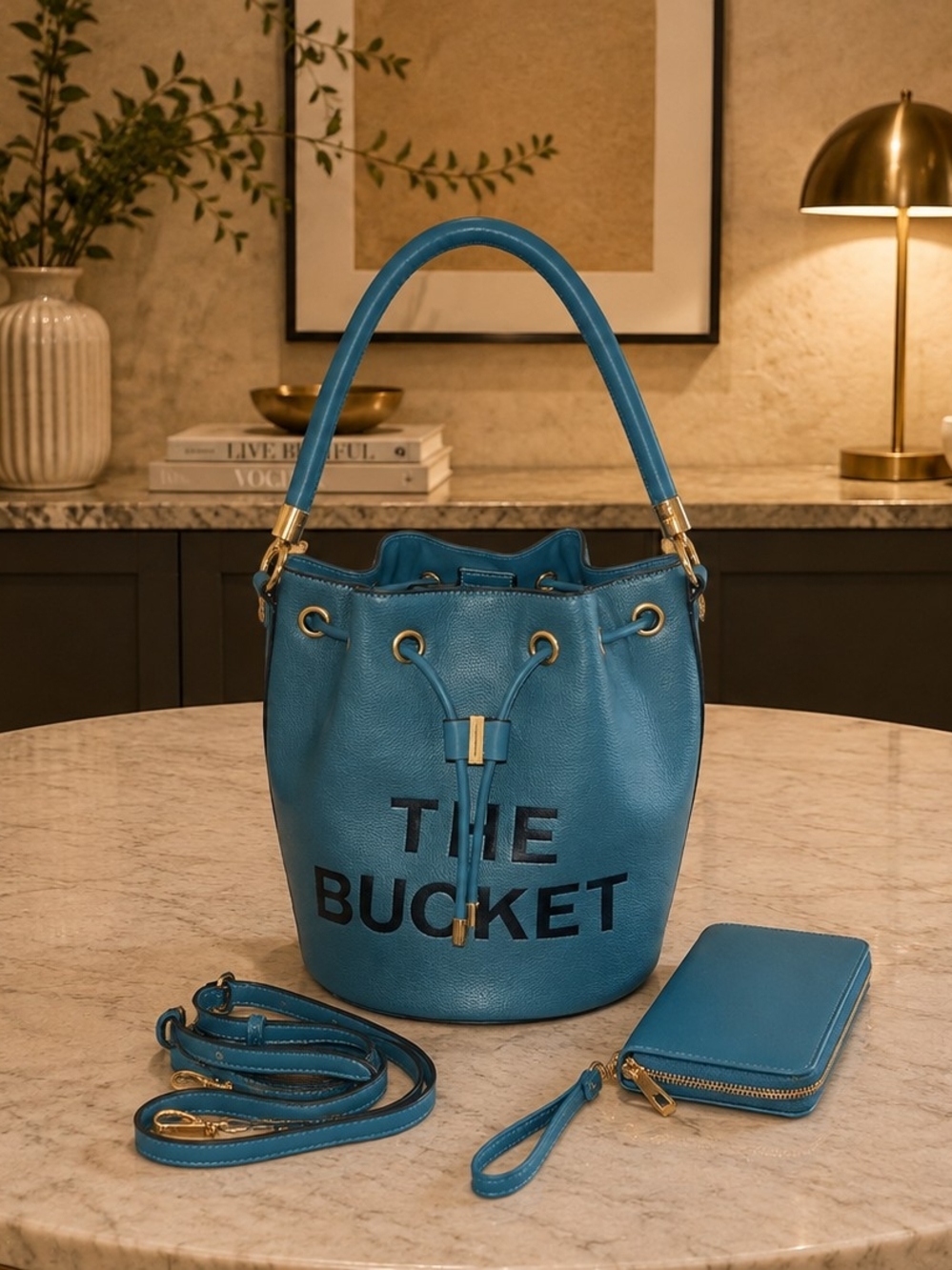 Brand New - Blue THE BUCKET Drawstring Bag with Matching Wallet